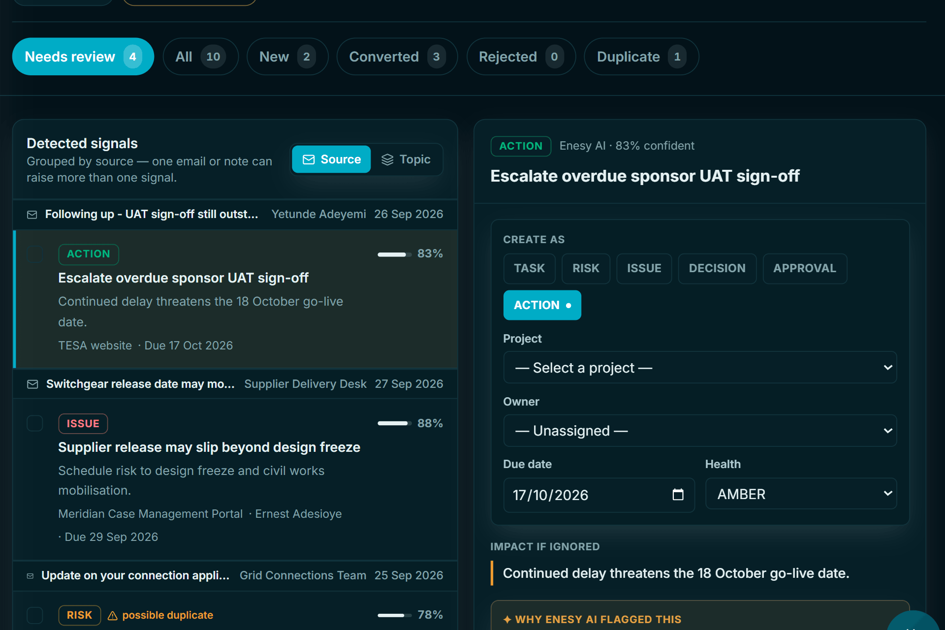 Enesy Inbox AI review queue: signals detected in emails, each with a suggested type, project, owner, due date and the reason Enesy AI flagged it