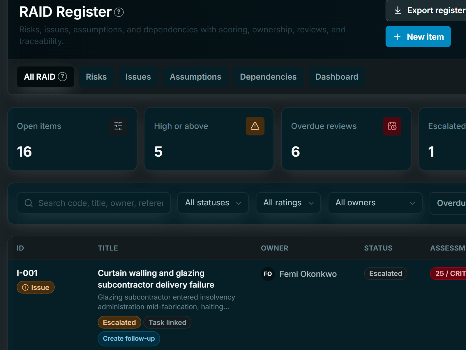 Enesy RAID register with scored risks, issues, assumptions and dependencies, owners and review dates