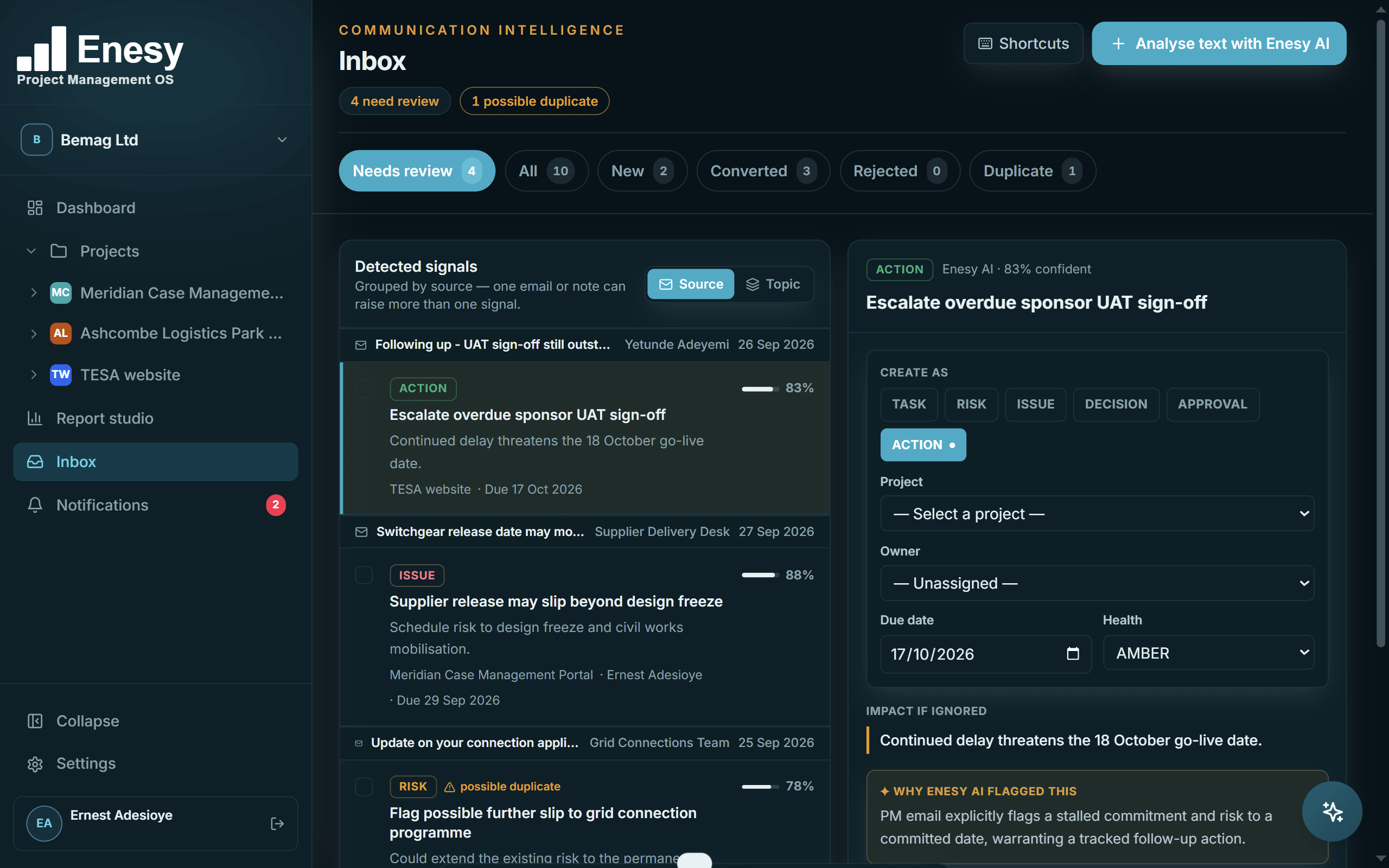 Enesy Inbox AI review queue: signals detected in emails, each with a suggested type, project, owner, due date and the reason Enesy AI flagged it