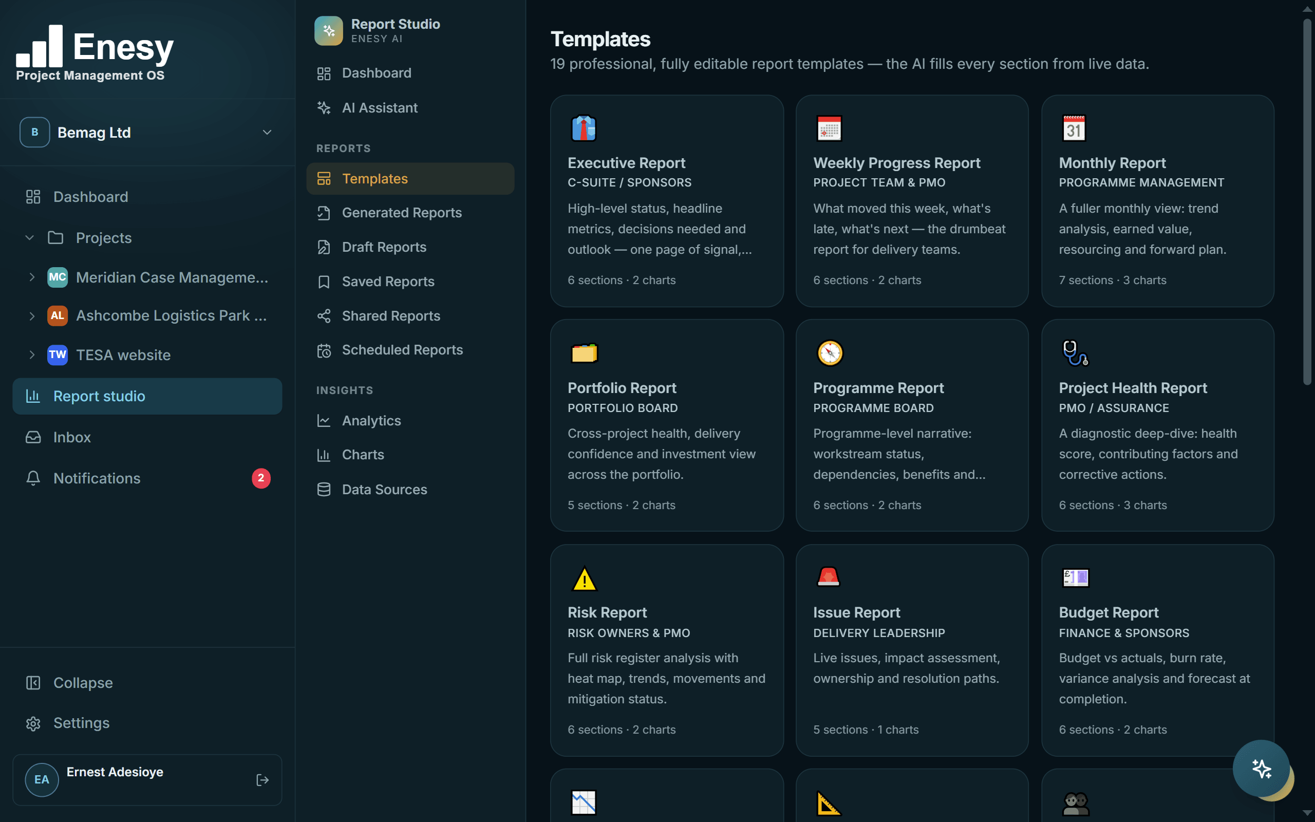 Enesy Report Studio template library: executive, weekly, monthly, portfolio, risk, budget and earned value reports